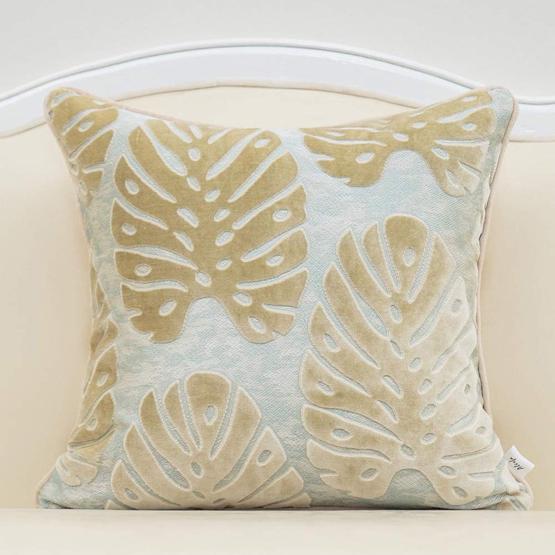 Alerfa 18 x 18 Inch Square Leaf Pillow Embroidery Cut Velvet Cushion Case Luxury Modern Lumbar Throw Pillow Cover Decorative Pillow for Couch Sofa Living Room Bedroom Car, Beige - Image 1
